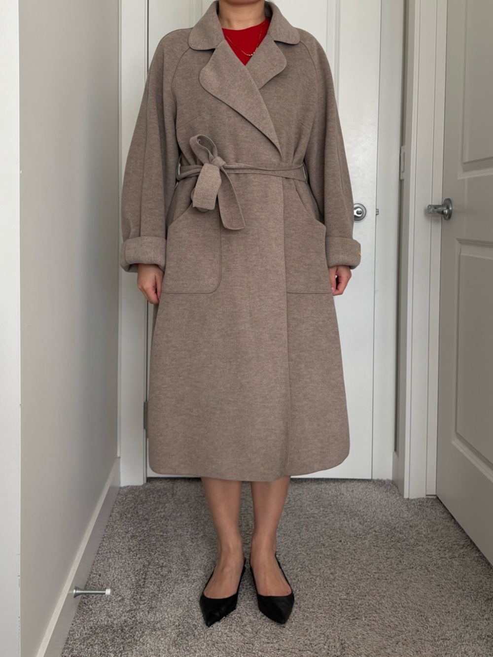 100% Wool Oatmeal Double-Faced Wool Coat Women Oversized Belted Long Coat Size L